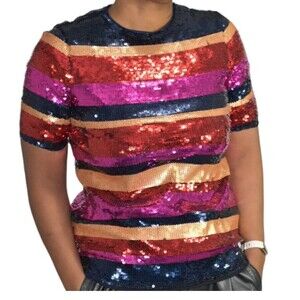 Trina Turk Gin Fizz Sequin Top Blouse Shiny Sparkly Rainbow Striped Boxy Size M